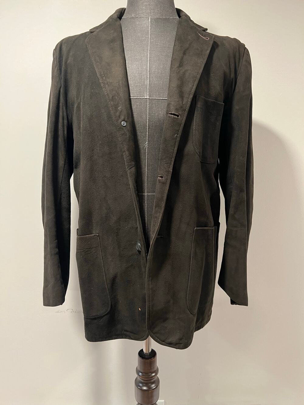 Vintage Men's Suede Leather Short Trench Coat Button Down Dark Brown Medium JL